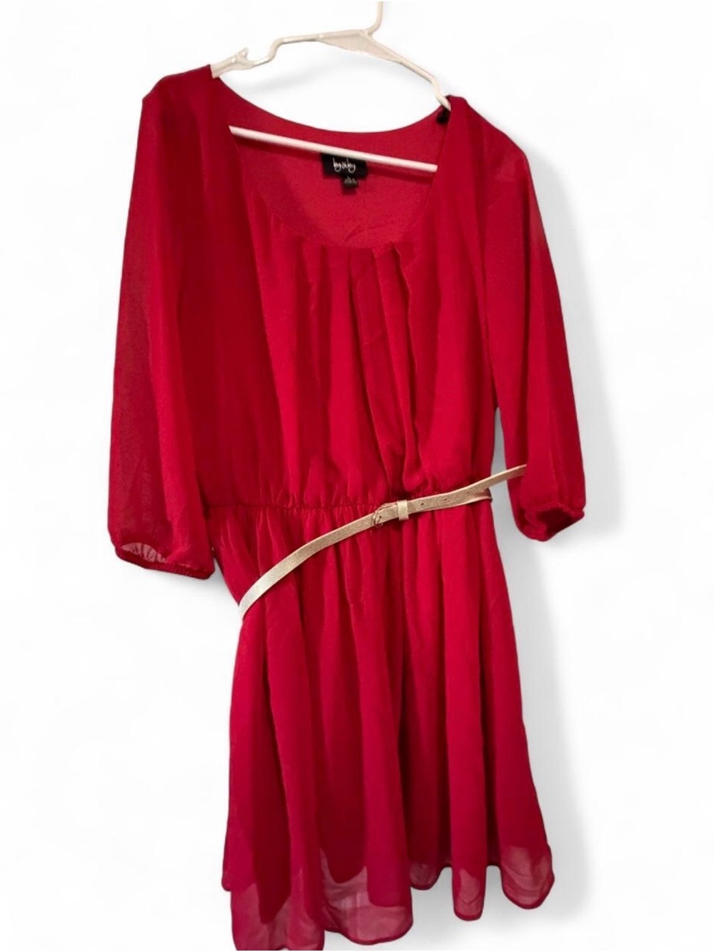 by & by Red Chiffon Long Sleeve Dress with Slim Belt